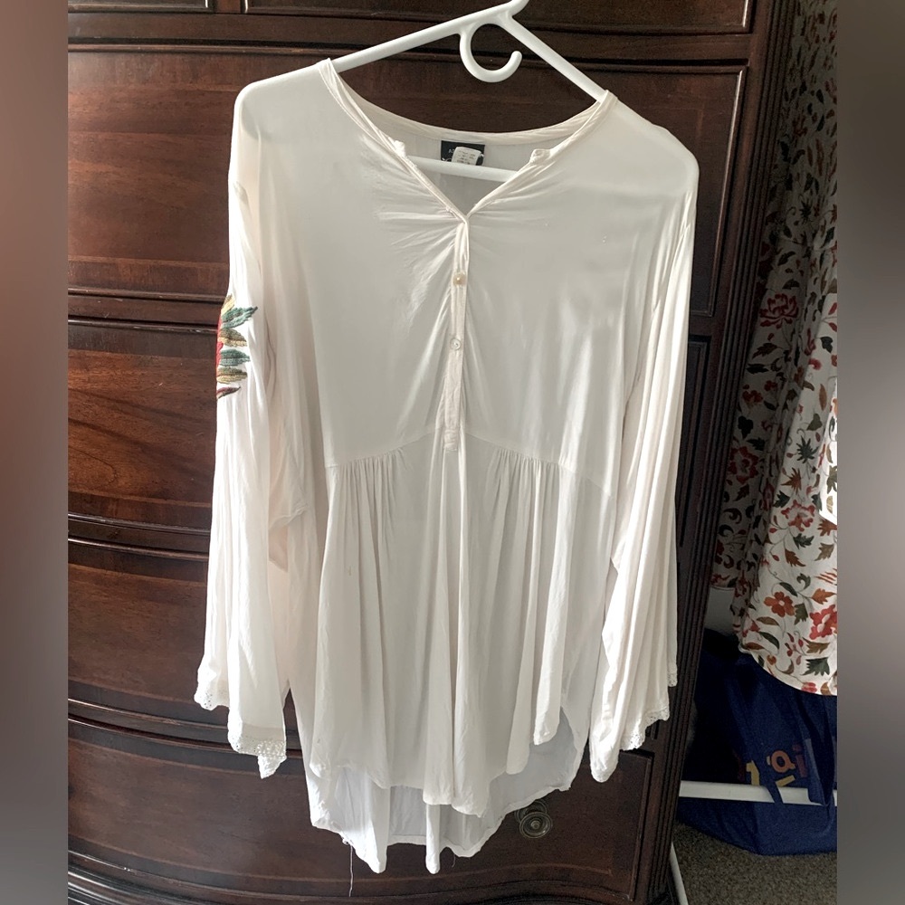 Artizara Ivory Cream White Embroidered Boho Flowy Button Tunic Shirt Top XS